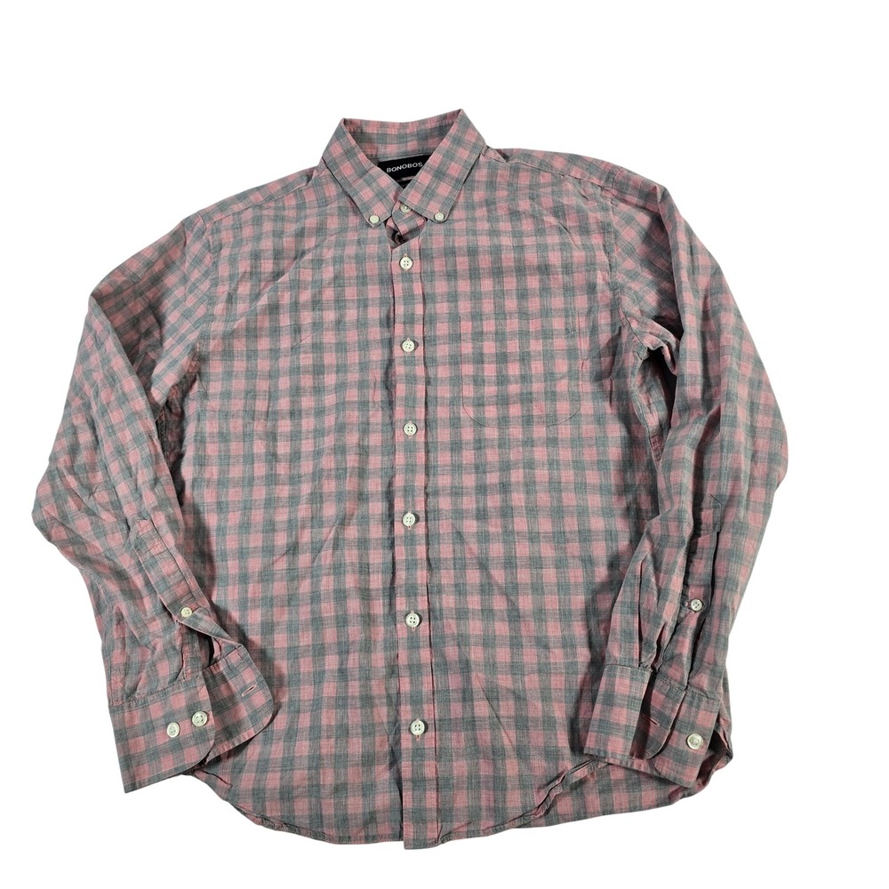 BONOBOS Mens Slim Fit Button Down Shirt Pink Grey Plaid Long Sleeve M
